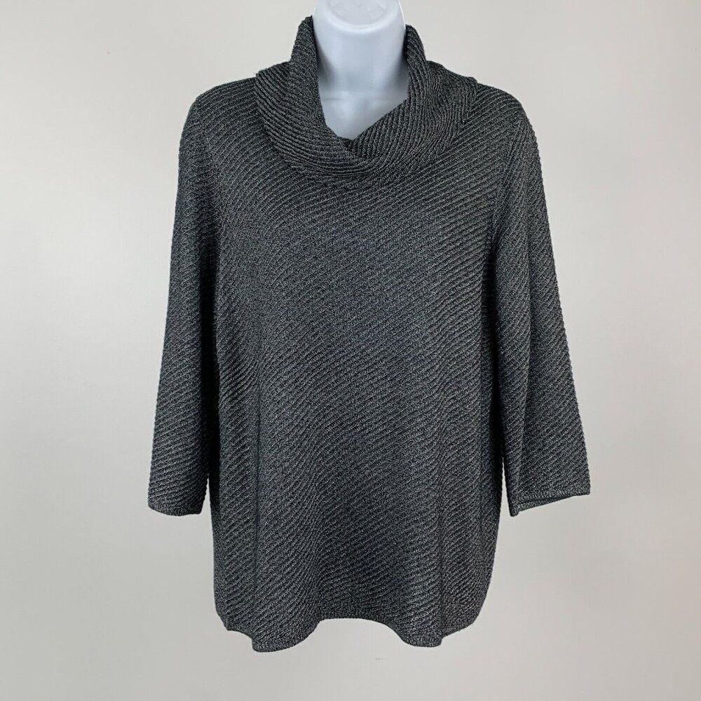 Chico's Easywear Sweater sz 1 (8) Black Silver Cowl Neckline 3/4 Sleeve